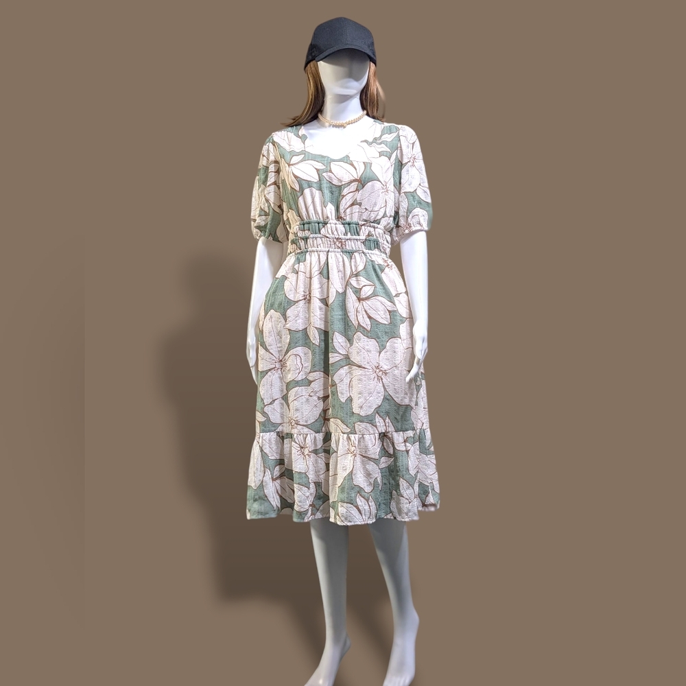 Luxology Leafy Green and Cream Midi Dress